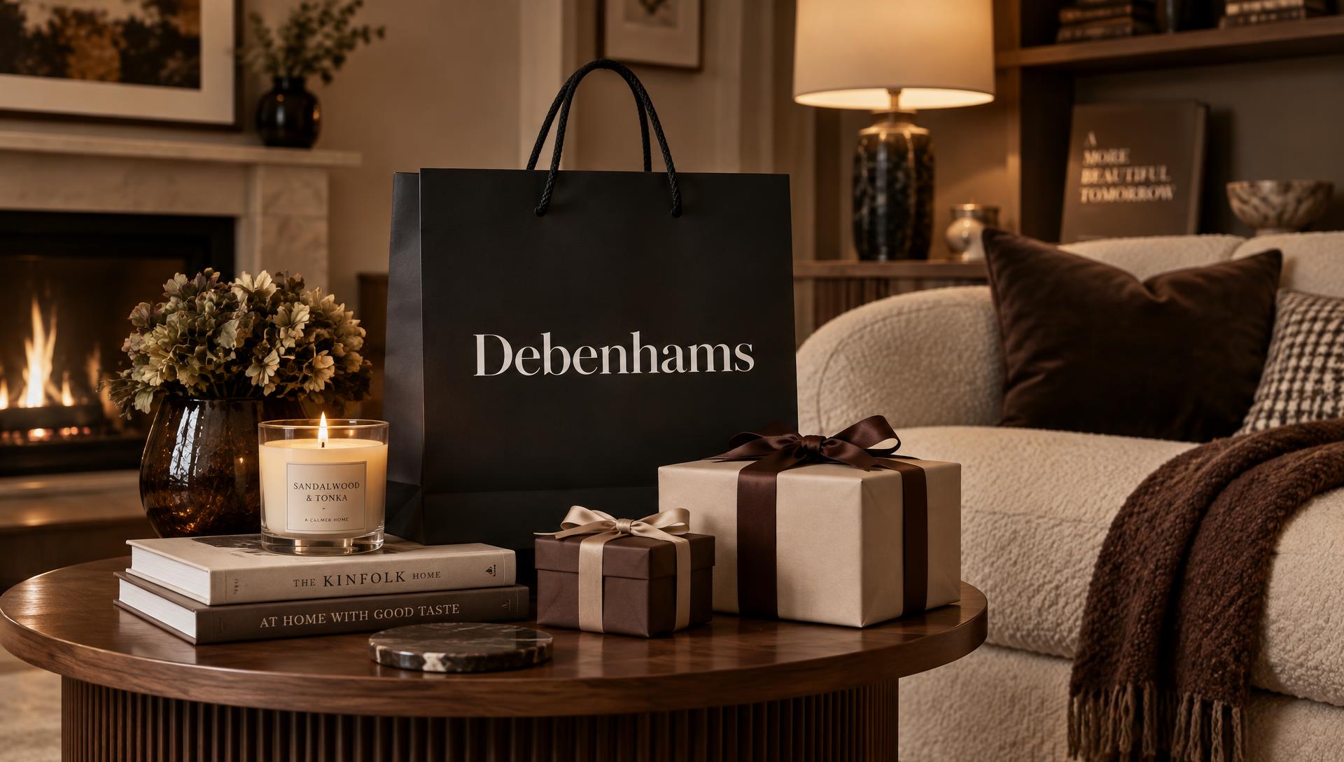 A Debenhams shopping bag, candle and wrapped gifts on a table in a warmly lit living room